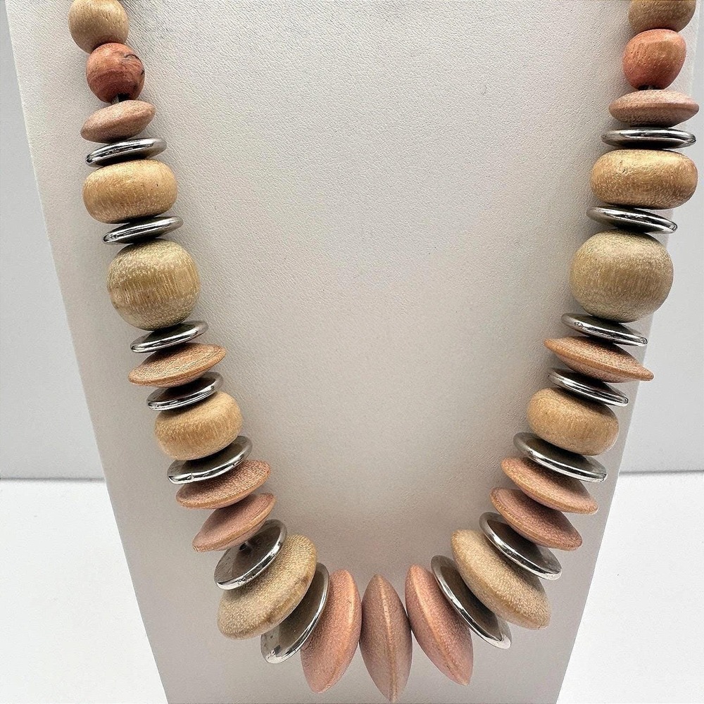 Vintage 90s Wooden Bead Statement Necklace Silver Tone Spacers Boho Jewelry